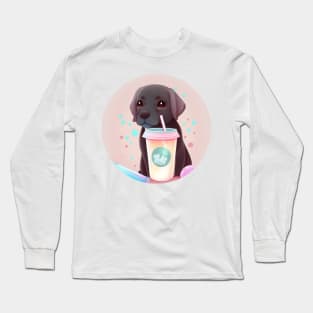 Cute Kawaii Chocolate Labrador Drinking Bubble Tea - Adorable Dog Lover Gift and Fun Animal Art Long Sleeve T-Shirt